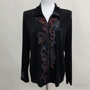 Chico's Travelers Top Black Embroidered Size 2 Large 12 Long Sleeve Full Zip